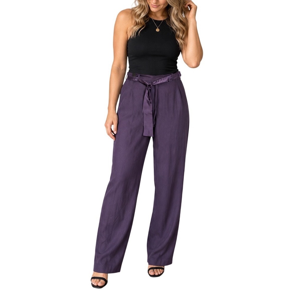 Worthington Women Purple 100% Silk Straight Leg Pleated Tie Waist Pants Size 10